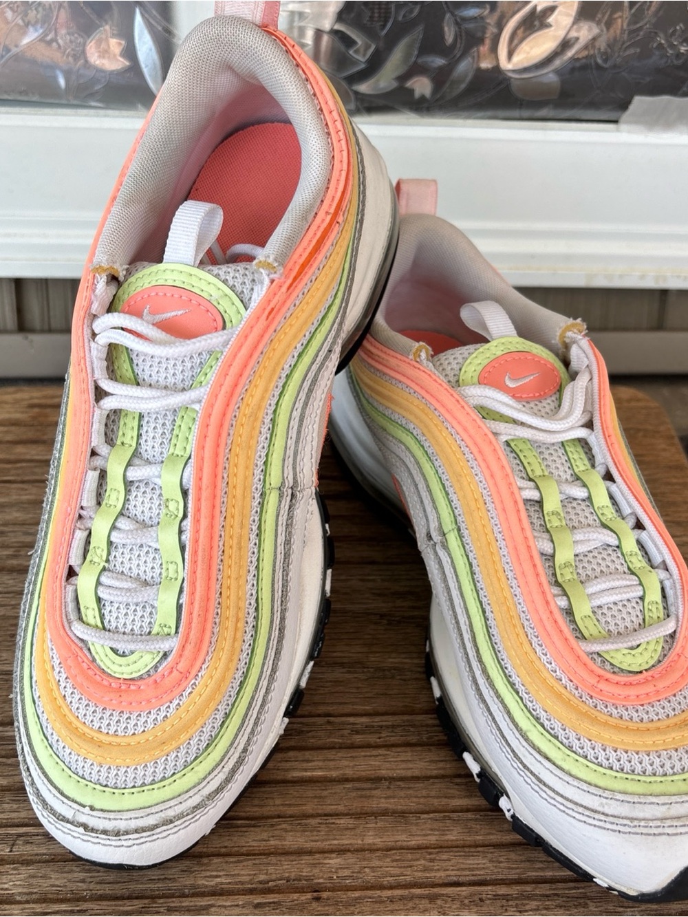 Nike Women's White Sneakers with Coral, Yellow & Lime Accents 5.5